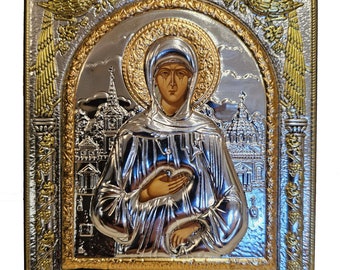 Icono cristiano ortodoxo de plata de Santa Xenia / Griego / Hecho a mano