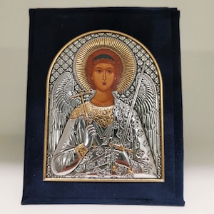 Guardian Angel Velvet Folding Case Silver Christian Orthodox Icon / Greek / Handmade