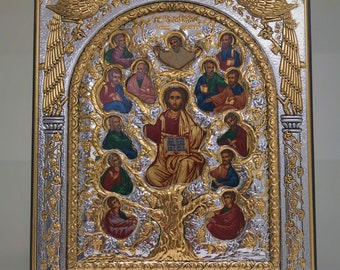 Árbol de la Vida Ampelos Icono Cristiano Ortodoxo de Plata / Griego / Hecho a Mano
