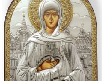 Saint Xenia zilveren christelijk-orthodoxe icoon kunststof voet / Grieks / handgemaakt