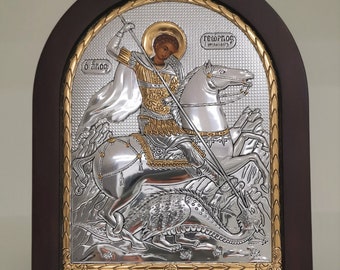 Saint George Silver Christian Orthodox Icon / Greek / Handmade