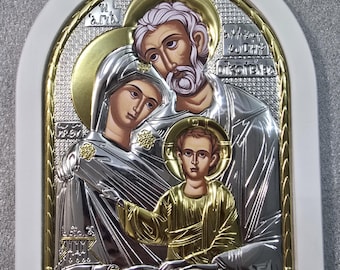 Heilige familie Byzantijns zilver christelijk-orthodox icoon / Grieks / handgemaakt / witte basis