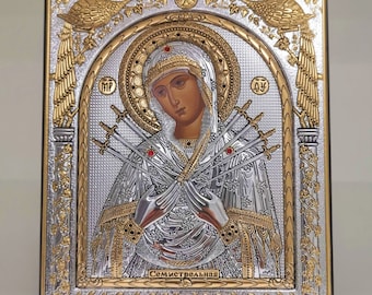 Virgin Mary of Sorrows Silver Christian Orthodox Icon / Greek / Handmade