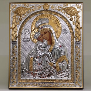 Virgin Mary of Pochayiv Silver Christian Orthodox Icon / Greek / Handmade