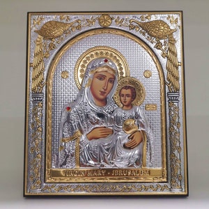 Virgin Mary of Jerusalem Silver Christian Orthodox Icon / Greek / Handmade