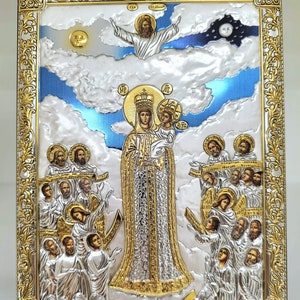 Front-side of the Silver, Religious, Christian Orthodox Virgin Mary (Our Lady or Theotokos) of Mount Athos icon, made from silver and wood. Handmade in Greece.