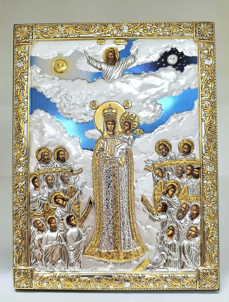 Front-side of the Silver, Religious, Christian Orthodox Virgin Mary (Our Lady or Theotokos) of Mount Athos icon, made from silver and wood. Handmade in Greece.