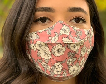 Reusable Face Mask UK - Pink with White Floral - 3D Design Perfect for Glasses - Stops Fogging Up - Filter Pocket option Available - UK