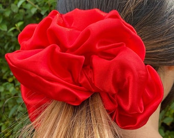 Satin and Velvet Giant Scrunchie in a Lipstick Red - Great for Thick Hair - XXL Scrunchie Style - Birthday Gift - Handmade in the UK