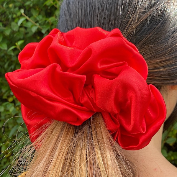 Satin and Velvet Giant Scrunchie in a Lipstick Red - Great for Thick Hair - XXL Scrunchie Style - Birthday Gift - Handmade in the UK