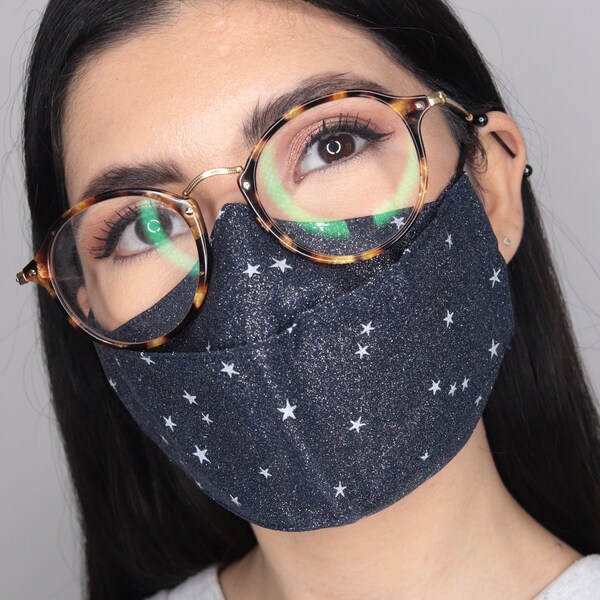 Sparkly Reusable 3D Face Mask with Glitter and Stars - Anti-Fog Design with Nose Wire and Filter Pocket options - Comfortable with Glasses