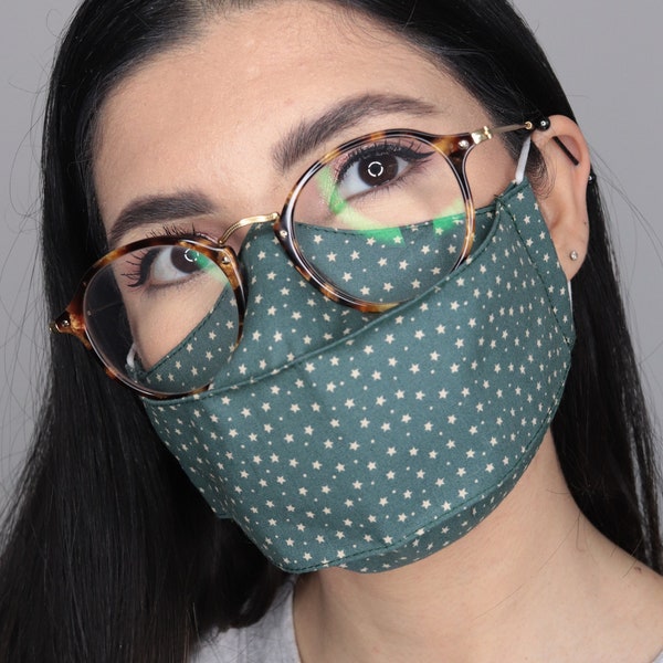 Khaki Reusable Face Mask with White Star Pattern - 3D Design - Anti-Fog Design - Comfortable with Glasses - Handmade - Washable - UK