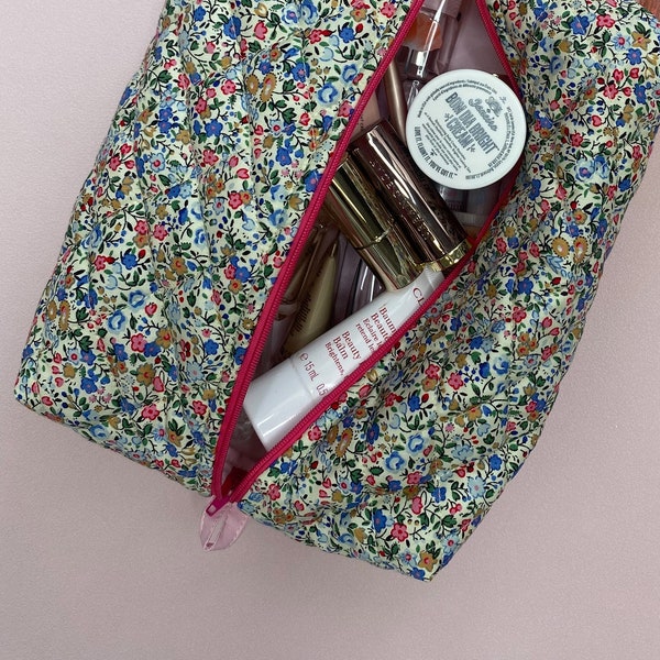 Quilted Make Up Bag in Cute Floral Patterns - Large Toiletries Bag Handmade in the UK - Travel Skincare Bag - Christmas or Birthday Present