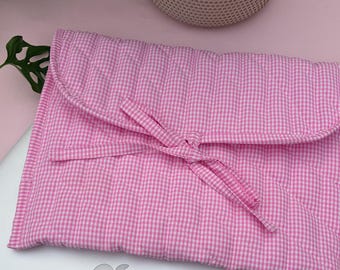 Pink and  White gingham with Laces Business Laptop Briefcase | Office Bag | University Bag | Laptop Bag / School  Laptop Bag Handmade in UK