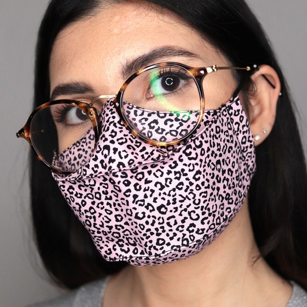 Reusable Face Mask with Nose Wire for Glasses - Filter Pocket options - Anti-Fog for Glasses Wearers - Stylish Baby Pink Leopard Print - UK