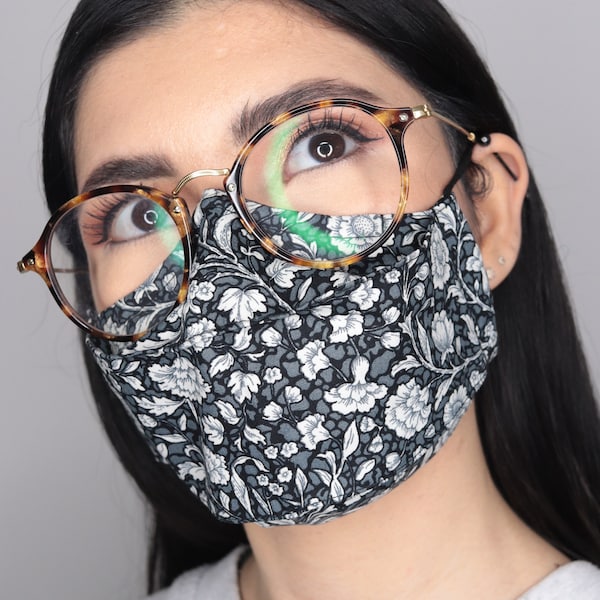 Black Reusable Face Mask with Grey Floral Print - 3D Design - Good for Glasses Wearers - Breathable and Comfortable Fit - Handmade - UK