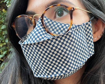 Navy and White Reusable Face Mask in a 'Vans' Inspired Checkerboard Style - Stylish 3D Reusable Mask - Anti-Fog for Glasses Wearers - UK