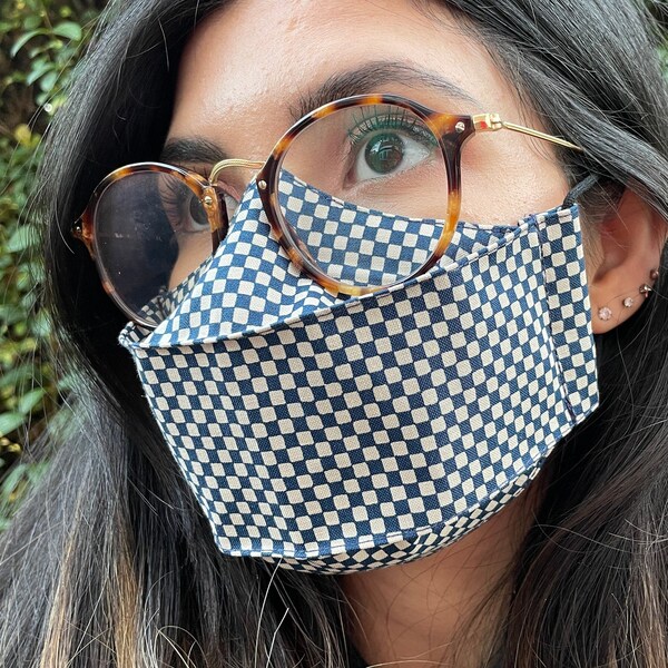 Navy and White Reusable Face Mask in a 'Vans' Inspired Checkerboard Style - Stylish 3D Reusable Mask - Anti-Fog for Glasses Wearers - UK