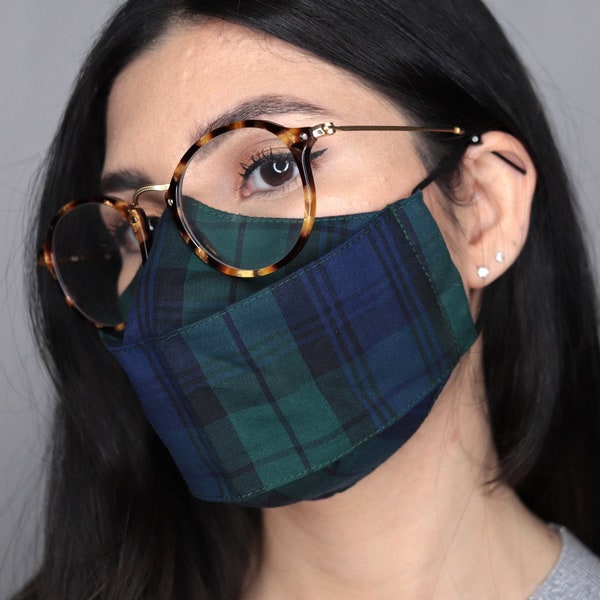 Black Watch Tartan Reusable Face Mask UK - Anti Fog 3D Style Perfect for Glasses Wearers - Nose Wire / Filter Pocket options