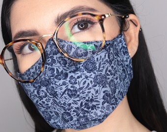 Blue Reusable Face Mask with Navy Floral Print - Anti Fog 3D Design with Nose Wire option for Glasses Wearers - Breathable Filter Pocket