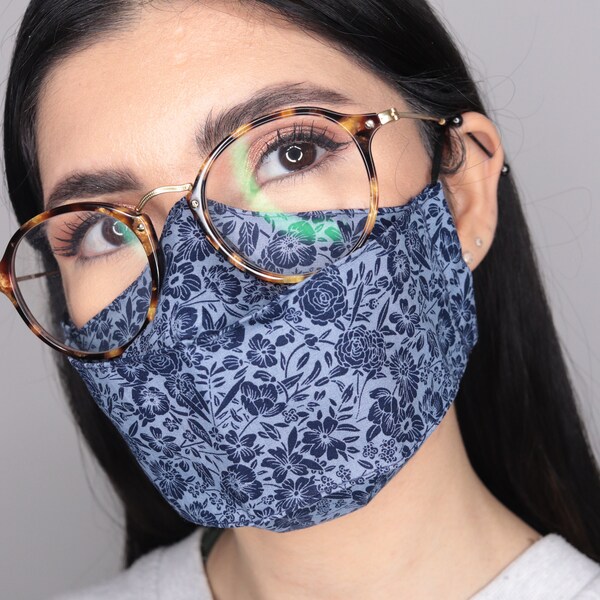 Blue Reusable Face Mask with Navy Floral Print - Anti Fog 3D Design with Nose Wire option for Glasses Wearers - Breathable Filter Pocket