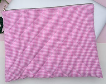 Pink and White Gingham Print Padded iPad and Laptop Cover Handmade in UK  - Business Laptop Briefcase -University Bag | Laptop Bag .