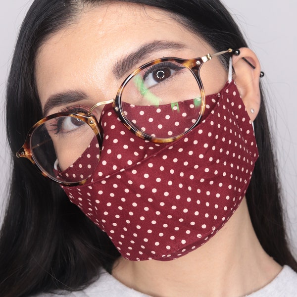 Burgundy Reusable Face Mask with White Polka Dot Print - 3D Design - Breathable and Comfortable Fit for Glasses Wearers - Handmade - UK