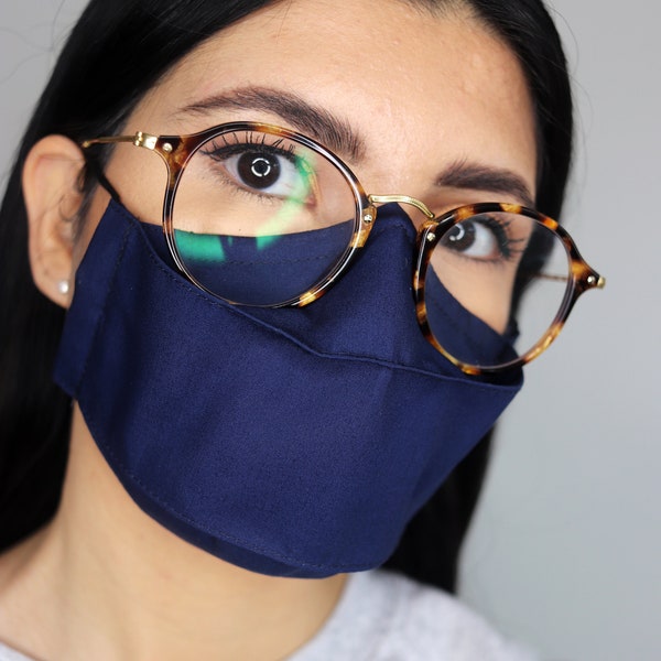 Best Face Mask for Glasses with a Nose Wire - UK - Reusable Navy Cotton Mask - Anti Fog Style 3D Shape - Breathable and Comfortable Fit