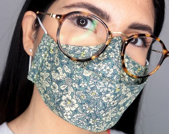 Best Face Mask to Stop Glasses Fogging Up - UK Handmade - Reusable - Floral Print - Filter Pocket and Nose Wire options - Spacious Fit