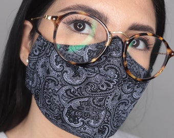 Grey Reusable Face Mask with Black Paisley Print - Anti Fog Design for Glasses Wearers - Nose Wire and Filter Pocket options - Handmade - UK
