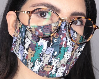 Fun Reusable Face Mask - Cat Pattern - Ideal for Cat Lovers! - 3D Design - Comfortable Fit - Good with Glasses - Handmade, Washable - UK