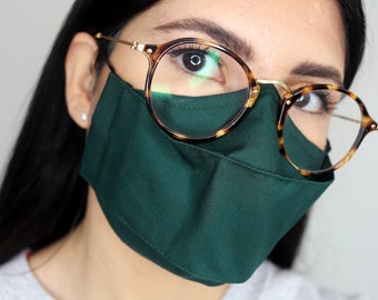 Face Mask with a Nose Wire UK - Reusable - Best Mask for Glasses Wearers, Anti Fog 3D Design - Forest Green - Filter Pocket - Handmade