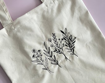 Reusable Handmade Canvas Tote Bag with Trendy Embroidered Wildflower and Floral Books Design  - Ecofriendly Gift for Book Lovers - Pocket