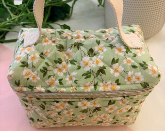 Cute Lime Green and Dayse  Floral Quilted Make Up  - Large Toiletries Bag Handmade in the UK - Travel Skincare Bag -  Birthday Present
