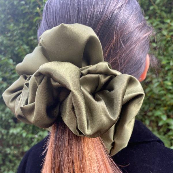 Satin Giant Scrunchie in an Olive Green - Great for Thick Hair - XXL or Regular Scrunchie Style - Xmas/Stocking Gift - Handmade in the UK