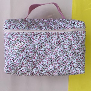 Quilted Make Up Bag in Cute Floral Patterns - Large Toiletries Bag Handmade in the UK - Travel Skincare Bag - Christmas or Birthday Present