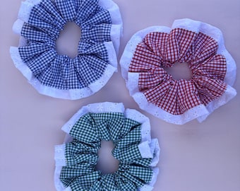 Coletero gigante en estampado de cuadros vichy con ribete - Ideal para cabello grueso - Estilo XXL o coletero normal - Hecho a mano en el Reino Unido