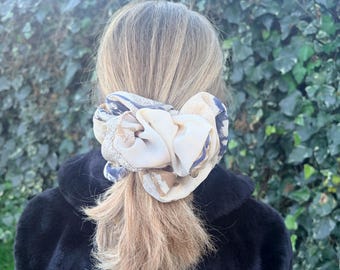 XXL Crepe Floral Scrunchie - Beige & Grey, For Thick Hair