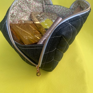 Quilted Make Up Bag in Cute Blue Denin Fabric - Rose Gold Chunky Zipper - Large Toiletries Bag Handmade in the UK - Travel Skincare Bag