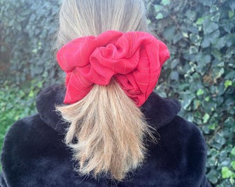 Giant Scrunchie in Crepe Red  Check Print Colours - Great for Thick Hair - XXL Scrunchie Style - Valentine's Gift  - Handmade - UK