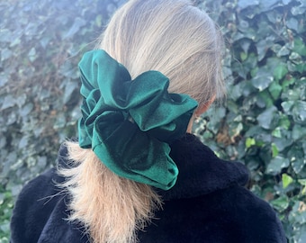 Giant Scrunchie in Forest Green Velvet - Great for Thick Hair - XXL Scrunchie Style - Valentine's Gift  - Handmade - UK