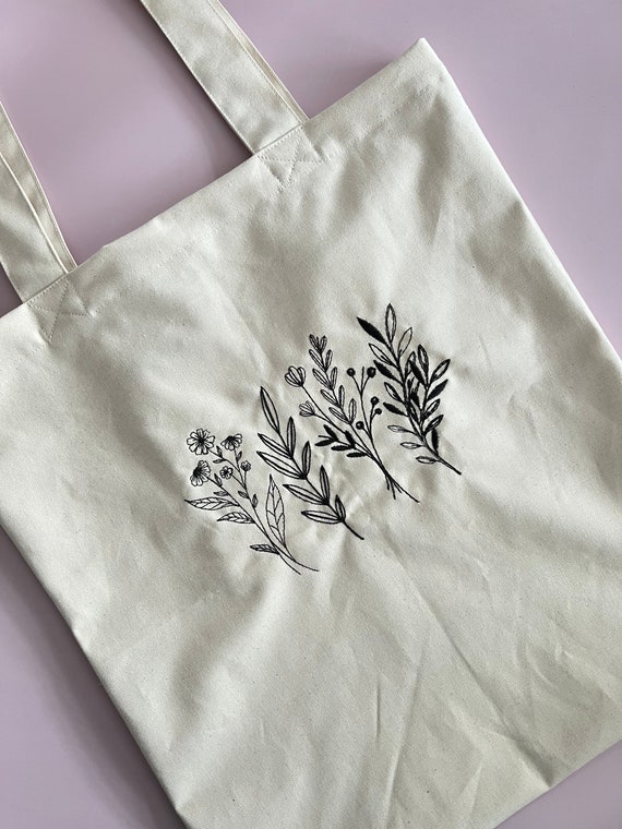 Reusable Handmade Canvas Tote Bag With Trendy Embroidered Wildflower and Floral Books Design Ecofriendly Gift for Book Lovers Pocket Etsy