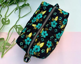 Floral Quilted Make Up Bag Black/Green/Yellow - Large Toiletries Bag Handmade in the UK - Travel Skincare Bag -  Birthday Present