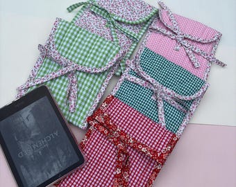 Kindle  Quilted Gingham and Floral Patterns   Sleeves  with flap and Laces - Quilted Kindle Sleeve – Handmade in UK - Padded E-Reader Case.