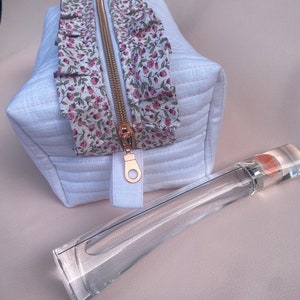 Quilted Make Up Bag in White linen and Floral Patterns and Rose gold Chunky zipper- Large Toiletries Bag Handmade in the UK  Travel Skincare