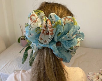Crepe  Giant Scrunchie in an Turquoise - Great for Thick Hair - XXL or Regular Scrunchie Style - Xmas/Stocking Gift - Handmade in the UK