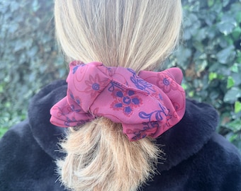 Giant Scrunchie in Crepe Burgundy Floral Color - Great for Thick Hair - XXL Scrunchie Style - Valentine's Gift  - Handmade - UK