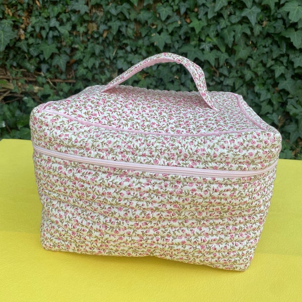 Quilted Make Up Bag in Cute Floral Patterns - Large Toiletries Bag Handmade in the UK - Travel Skincare Bag -  Square Large Size