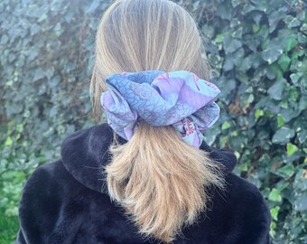 XXL Crepe Floral Scrunchie - Handmade Blue Hair Tie