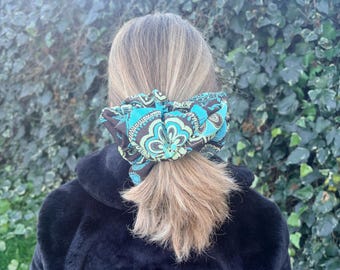 XXL Crepe Scrunchie - Black and Blue Floral, For Thick Hair